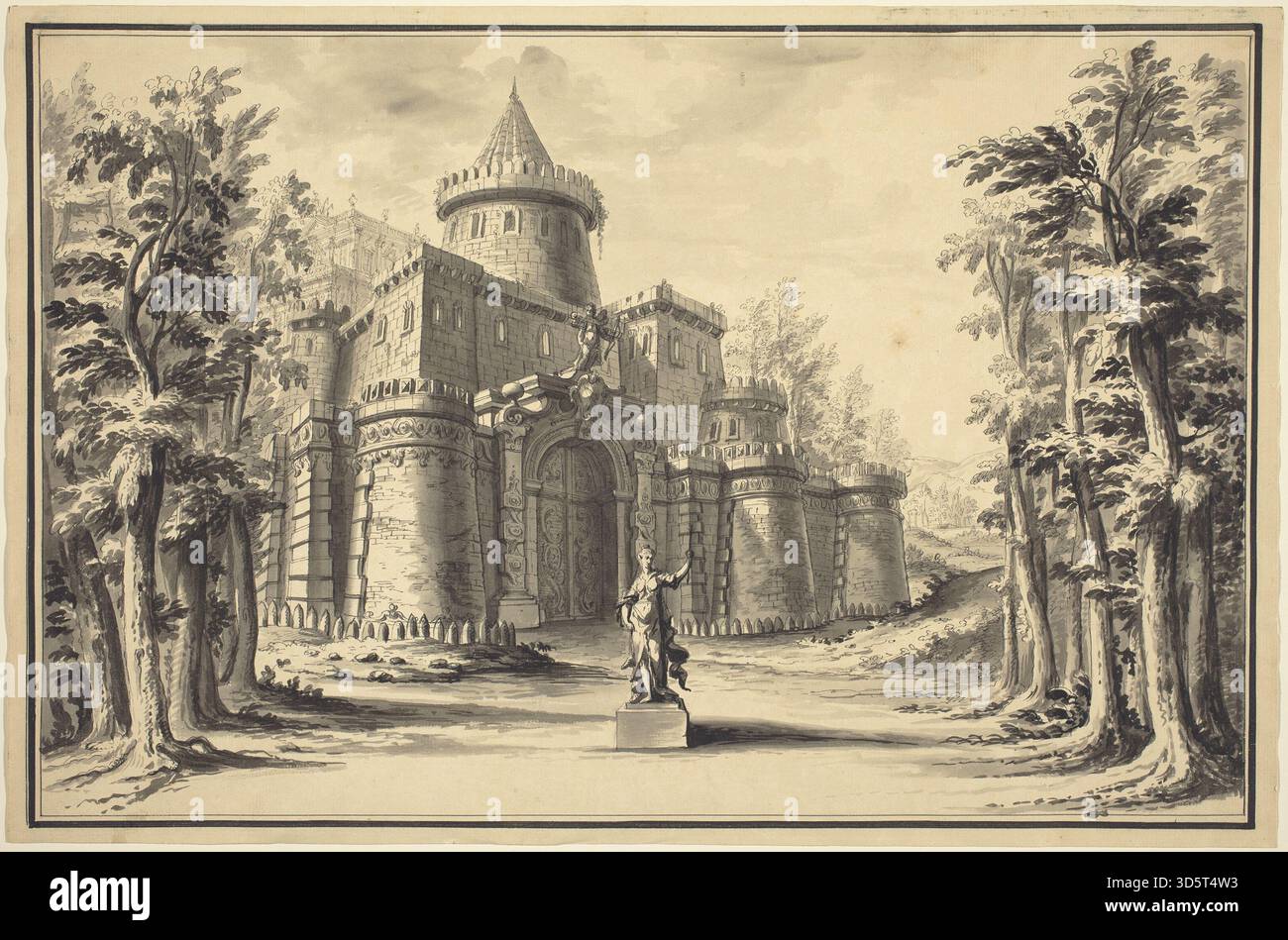 Ce dessin des années 1730 de Daniel Marot le jeune représente une scène théâtrale avec une statue centrale et un palais en toile de fond. Exécutée au stylo et à l'encre avec lavage sur papier, la feuille mesure environ 28 × 35 cm. La composition met l'accent sur la perspective, les éléments architecturaux et les détails ornementaux typiques de la scène européenne du XVIIIe siècle. Banque D'Images