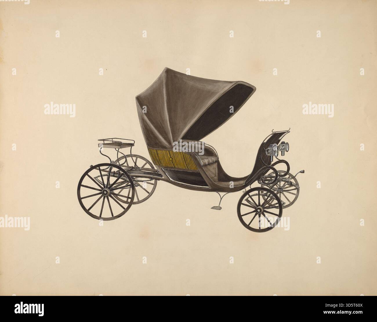 Phaeton créé par Fred Weiss vers 1936, représentant une calèche légère tirée par des chevaux. L'œuvre met l'accent sur les roues, la carrosserie, les sièges et l'artisanat miniature. Banque D'Images