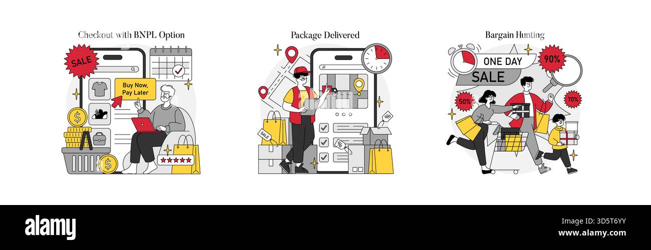 Illustration vectorielle illustrant une expérience d'achat avec des options telles que le paquet de livraison Buy Now Pay Later Checkout et un événement de vente d'une journée mettant en vedette des acheteurs énergiques et des offres. Illustration de Vecteur