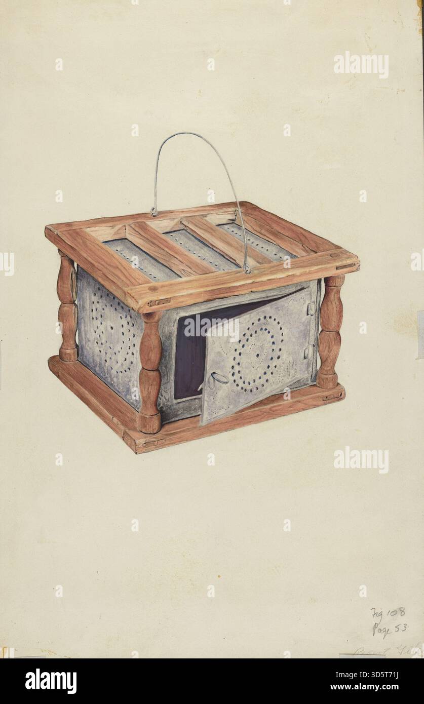 Cet objet est un chauffe-pieds de 1938, montrant un design compact et fonctionnel avec des matériaux et une construction pour fournir de la chaleur. Il présente les appareils utilitaires ménagers de l'époque. Banque D'Images