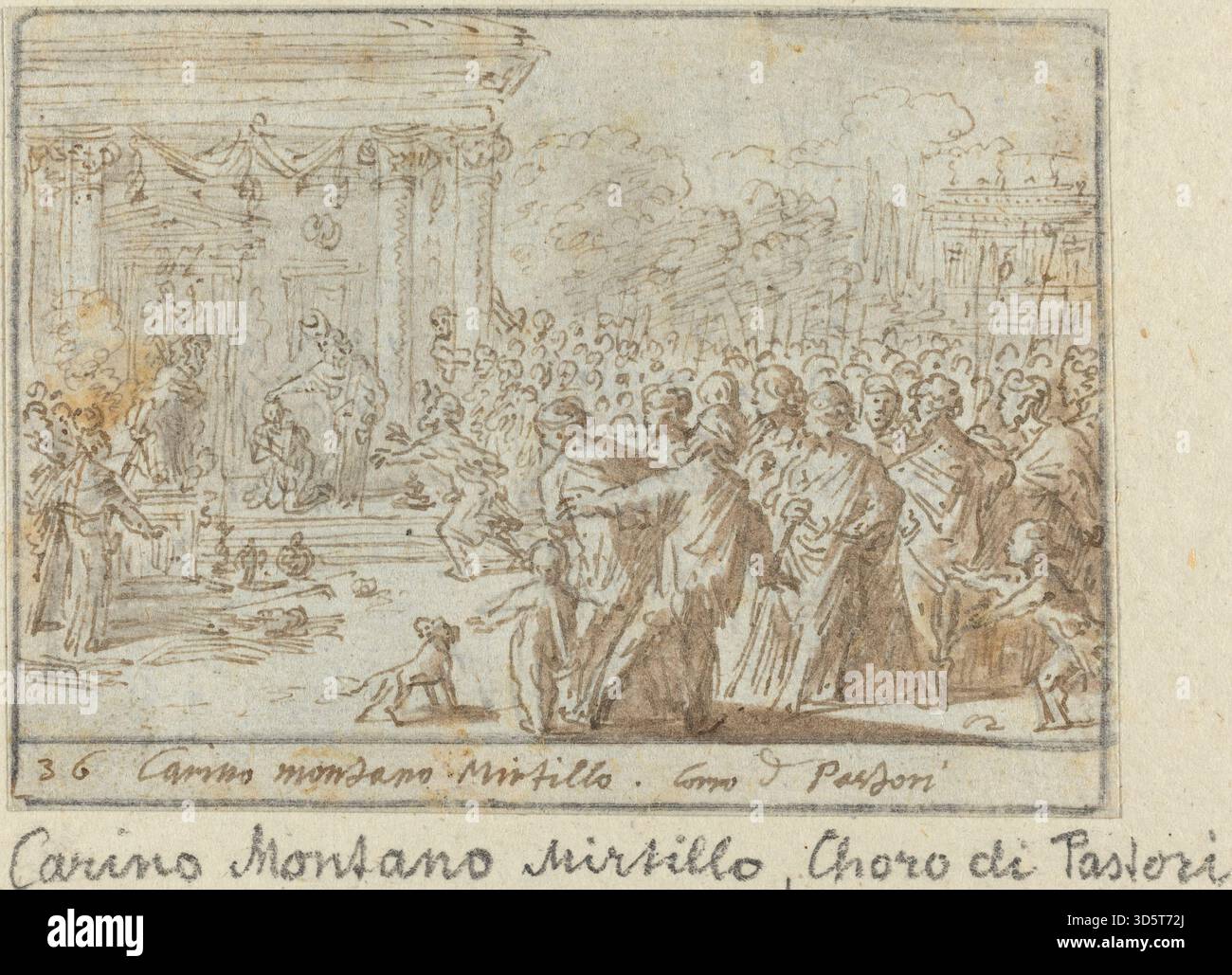 Une gravure de Johann Wilhelm Baur datée de 1640 intitulée 'Chorus of Shepherds : Carino, Montano and Mirtillo' présente trois figures de berger nommées dans un cadre pastoral, tenant des bâtons et interagissant avec des moutons, disposés dans une composition triangulaire sur papier avec une gravure au trait détaillée. Banque D'Images