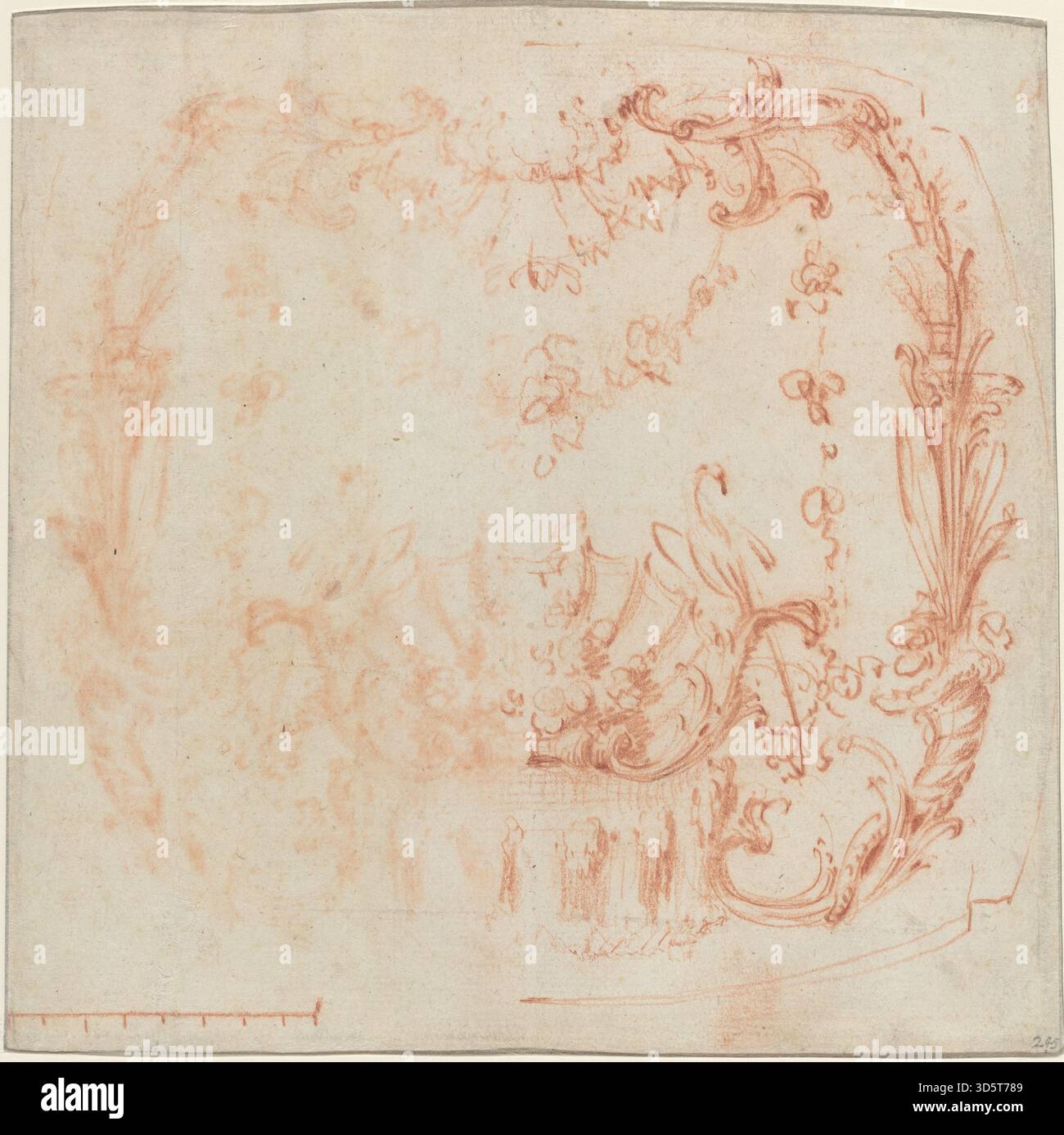 Une conception murale rococo de Jean Baptiste Joseph Pater, vers 1729, représentant une fontaine et des cygnes sur un panneau mural décoratif. L'œuvre met l'accent sur les motifs ornementaux, la composition, les lignes fluides et la décoration intérieure rococo française du XVIIIe siècle. Banque D'Images