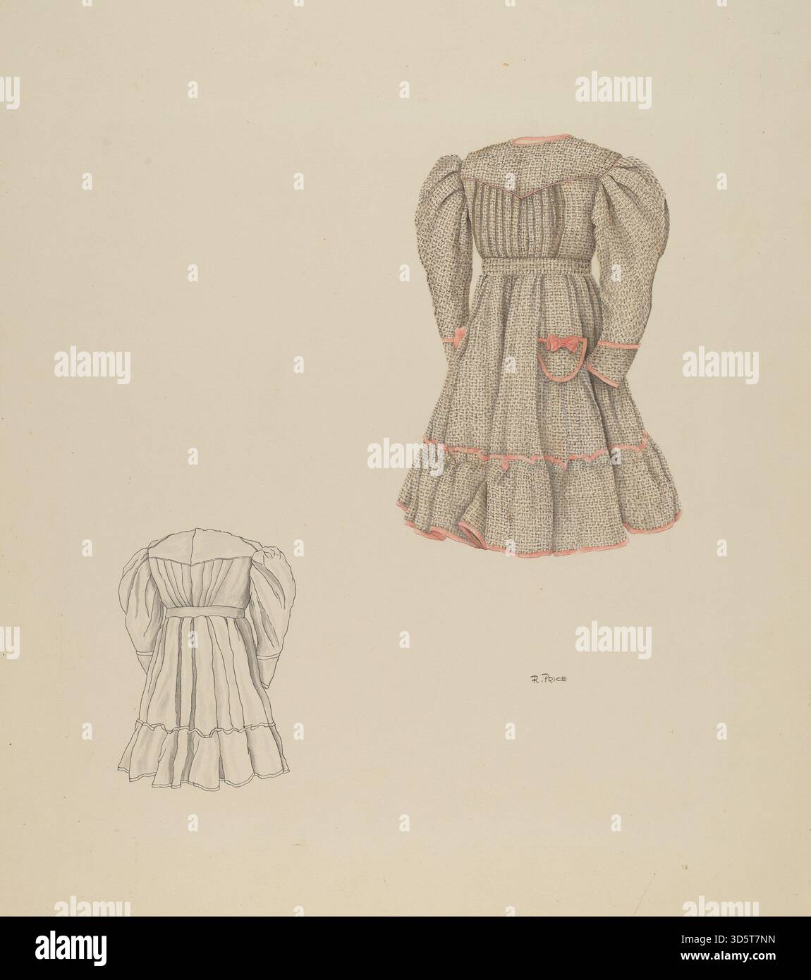 La robe pour enfant c.1937 de Ray Price dispose d'un tissu léger, corsage ajusté, manches courtes, jupe évasée, détails cousus, et un design fonctionnel, illustrant les vêtements pour enfants du début du xxe siècle. Banque D'Images