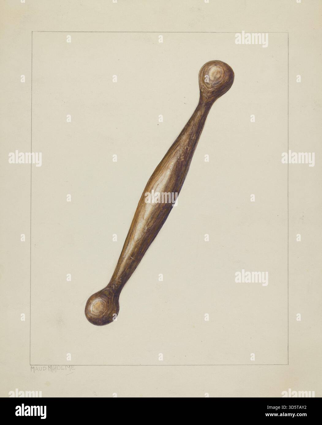 Ce bâton de filature est un outil en bois utilisé pour tordre les fibres en fil. L’objet démontre les pratiques textiles américaines de la fin des années 1930, mettant en valeur un design fonctionnel simple et un savoir-faire artisanal. Il est mince, léger et conçu pour un fonctionnement manuel. Banque D'Images