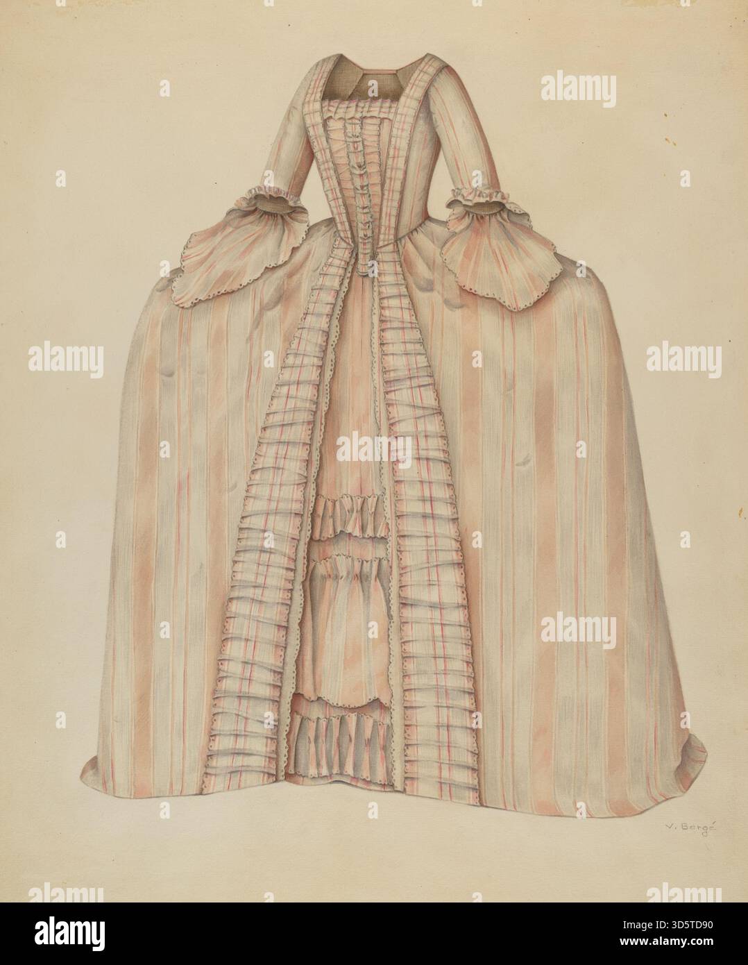 Cette robe de Virginia berge, produite entre 1935 et 1942, comporte un tissu en coton, des manches courtes, un corsage ajusté, une jupe évasée, fermeture à boutons et bordure décorative illustrant la création de mode pour enfants américains du milieu du XXe siècle. Banque D'Images