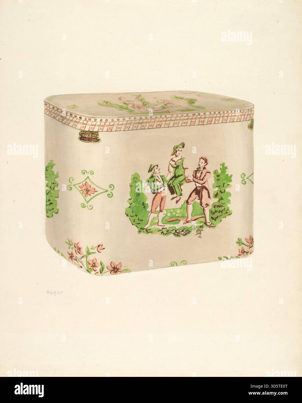 Une boîte à bande conçue par Lee Hager entre 1935 et 1942, en carton léger avec une forme circulaire, un couvercle et une surface imprimée décorative pour le rangement de chapeaux ou de petits objets. Banque D'Images