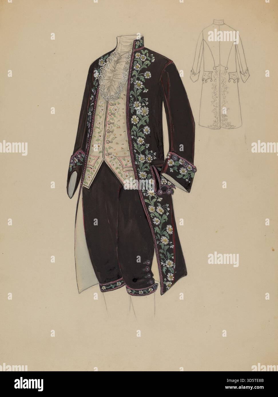 Illustration réalisée vers 1936 par Jessie M. Benge représentant un costume de cour d’homme avec des vêtements formels, des détails élaborés et des accessoires typiques d’une tenue de cérémonie. Le travail présente une précision historique dans le tissu, l'ornement et la structure. Banque D'Images