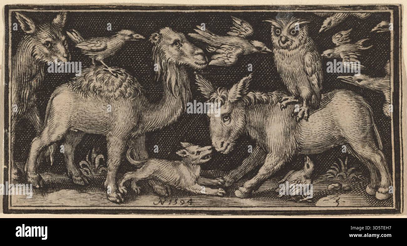 Une gravure de Nicolaes de Bruyn publiée en 1594 représentant un hibou sur un âne, un oiseau sur un chameau, et d'autres animaux, montrant des figures, des gestes, des paysages, et à la fin du XVIe siècle style nord-européen. Banque D'Images
