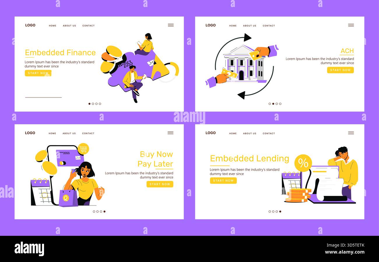 Illustration vectorielle illustrant divers concepts de technologie financière, y compris la finance intégrée, les transactions ACH et Buy Now Pay Later. Les personnes interagissant avec des éléments de finance numérique. Illustration de Vecteur