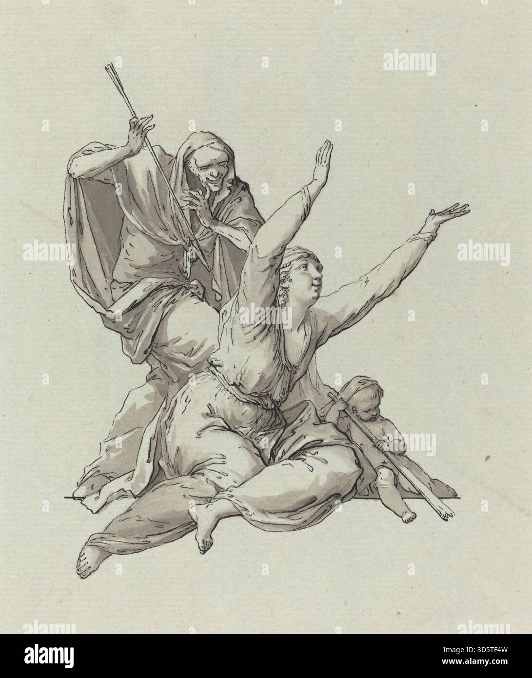 Cette œuvre de Carl Gotthard Langhans dépeint une scène allégorique de mort approchant une femme, mettant l'accent sur la figure, la posture, la représentation symbolique et la composition dramatique. Banque D'Images