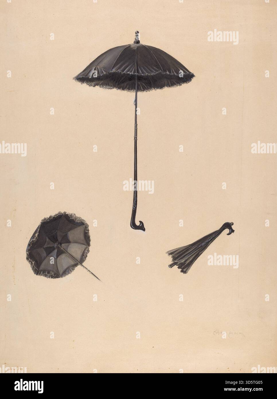 Le parasol 1938 de Marie Alain est un parapluie léger et portable conçu pour la protection solaire. Il a un cadre pliable et un auvent en tissu typique des accessoires de mode de la fin des années 1930. Banque D'Images
