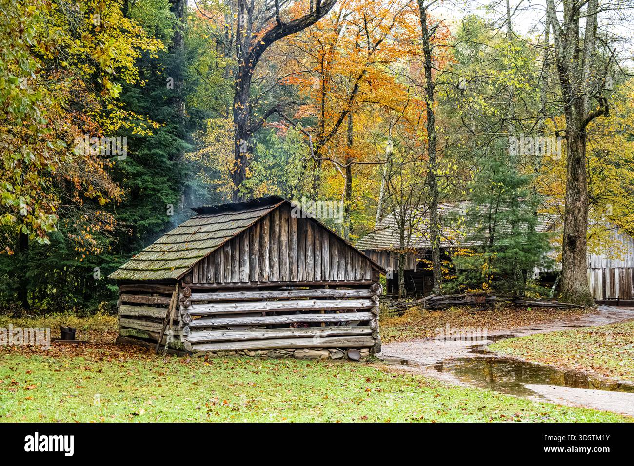 Forgeron et grange près du centre d'accueil de Cades Cove dans le parc national des Great Smoky Mountains près de Townsend, Tennessee. (ÉTATS-UNIS) Banque D'Images
