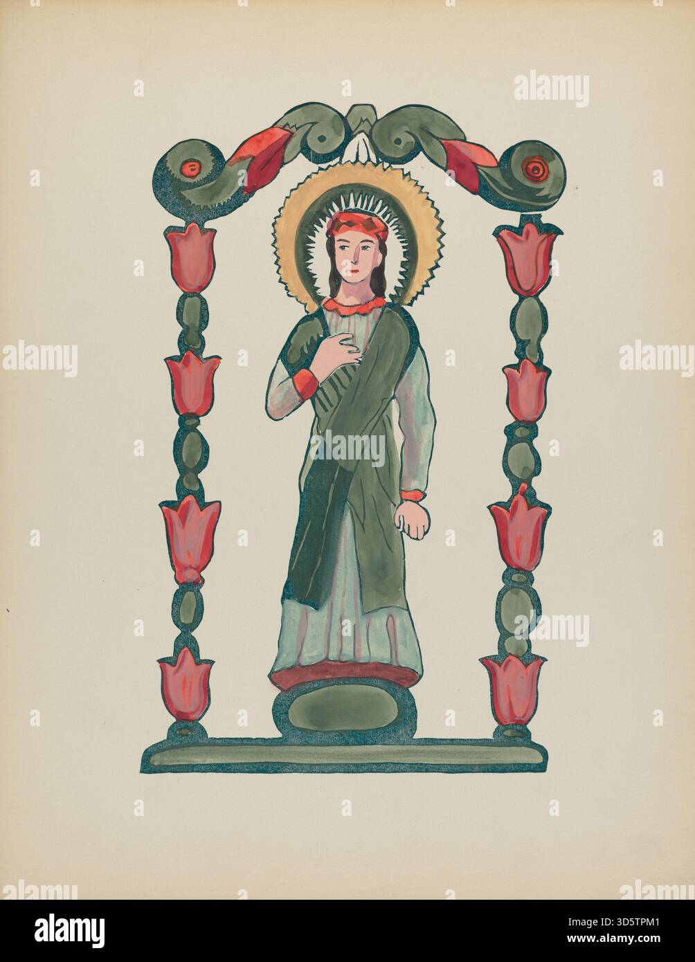 Cette estampe américaine inédite, de 1935 à 1942, représente l'Immaculée conception. L'estampe montre l'iconographie religieuse, les figures et les détails de composition typiques de la dévotion intégrée du XXe siècle Banque D'Images