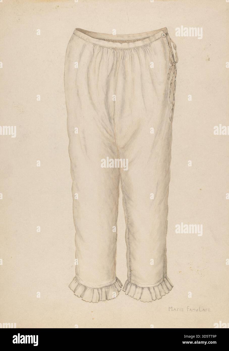 Pantalons dessinés par Marie Famularo vers 1938, composés de sous-vêtements en tissu léger portés historiquement dans le cadre de la mode féminine à la fin des années 1930 Banque D'Images