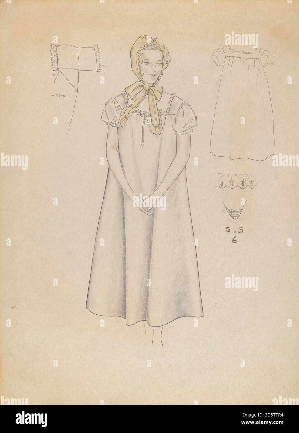 Cet ensemble comprend une chemise de nuit et une casquette assortie en tissu léger. Les vêtements présentent des coutures simples, un design fluide et des éléments pratiques pour le confort et l'utilisation à la maison. Le style reflète les traditions et le savoir-faire américains des années 1930 en matière de vêtements de nuit. Banque D'Images