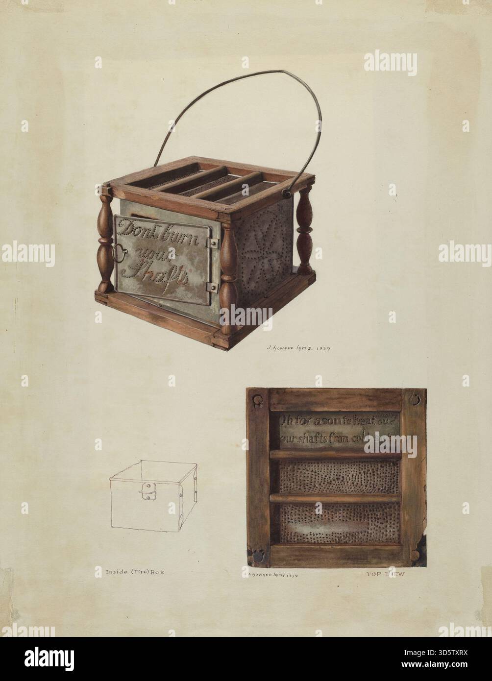 Un réchauffeur de 1939 pieds conçu par J. Howard Iams, construit à partir de métal avec un compartiment pour le charbon chaud ou les éléments chauffants. Le poste reflète les appareils de chauffage domestique de la fin des années 1930 Banque D'Images