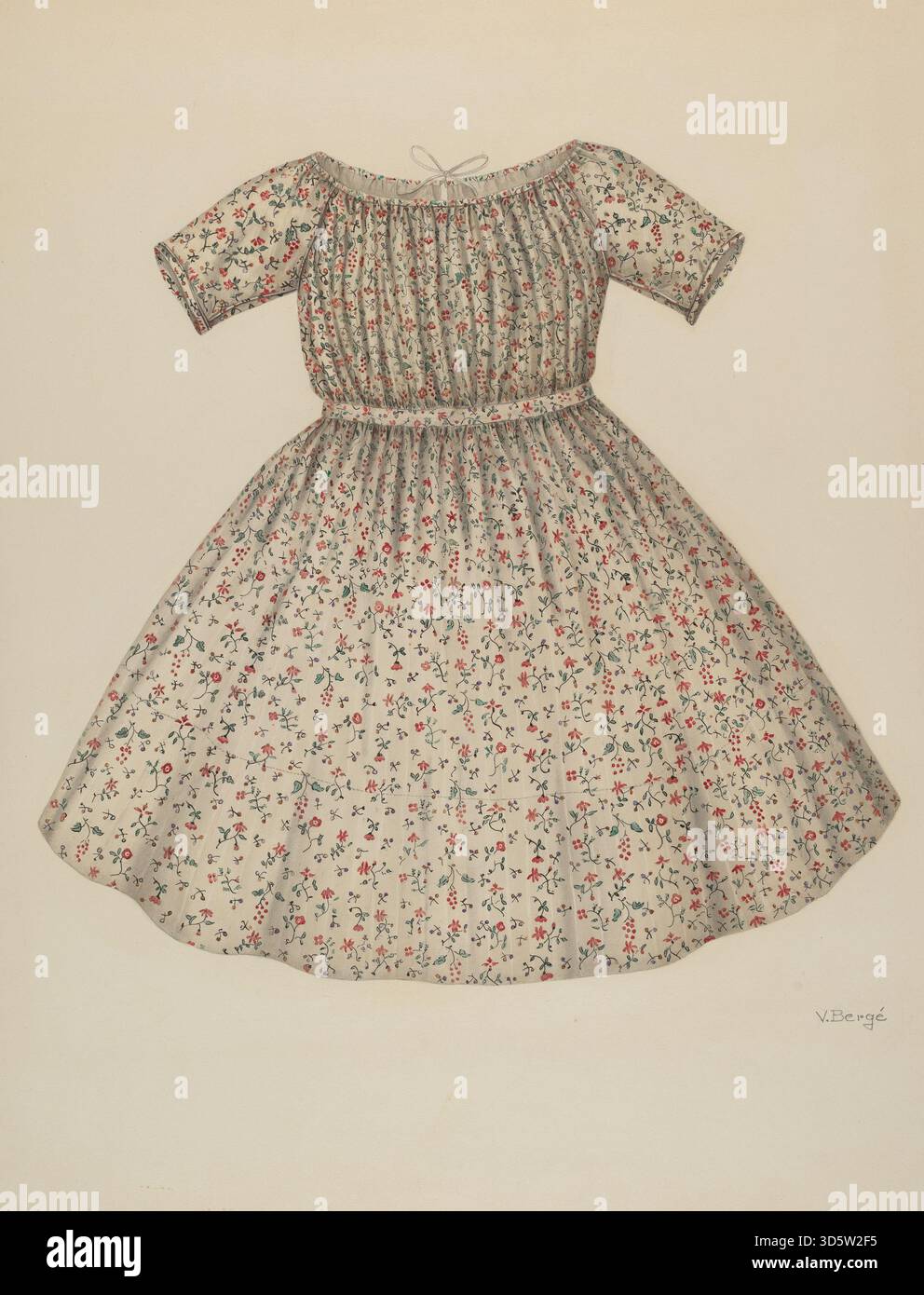 Cette robe enfant de Virginia berge, produite entre 1935 et 1942, est composée de tissu de coton, manches courtes, corsage ajusté, jupe évasée, fermeture à bouton et garniture décorative illustrant la mode américaine pour enfants du milieu du XXe siècle. Banque D'Images