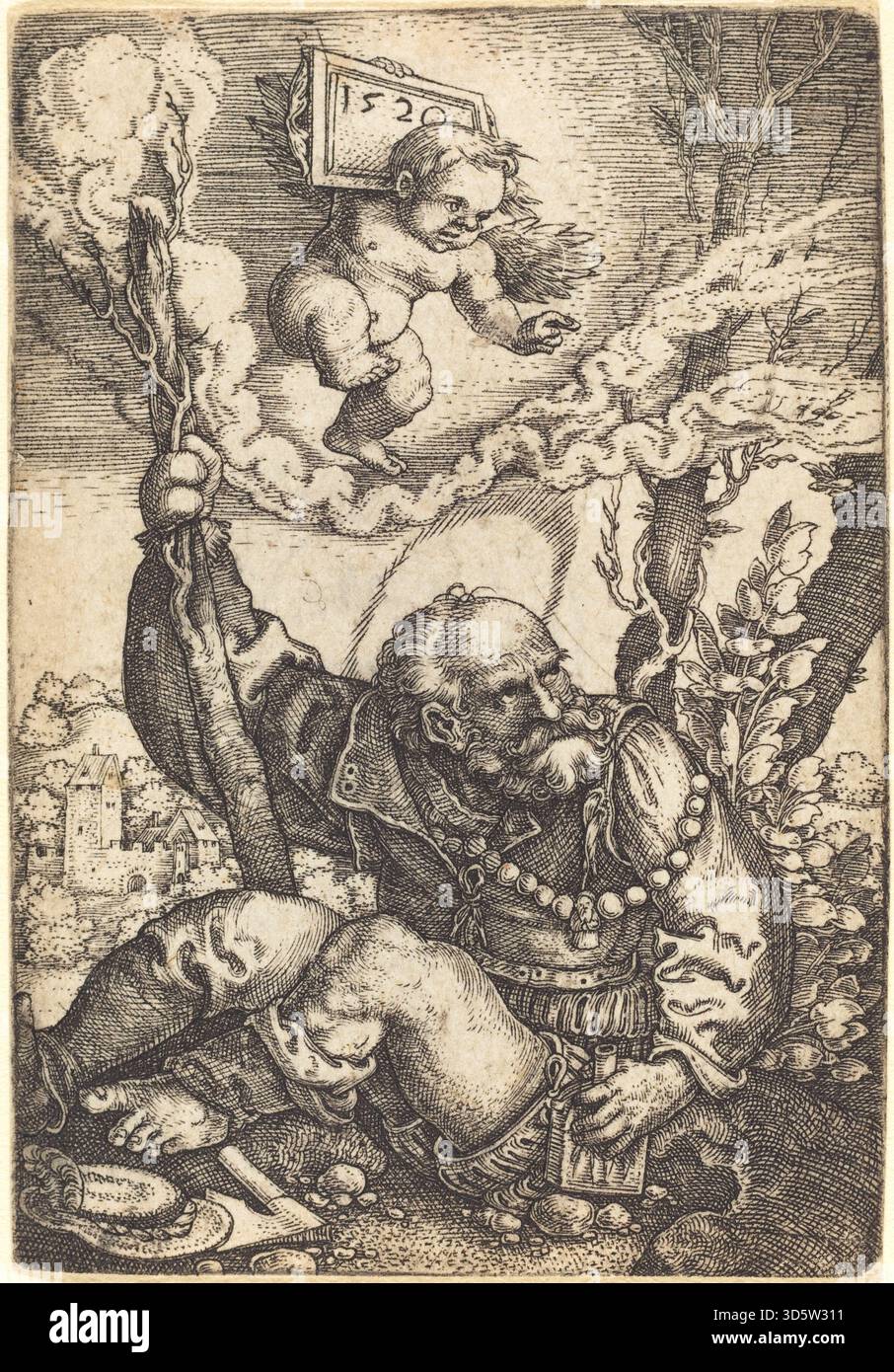 Gravure de Barthel Beham de 1520 montrant Saint Christophe avec Christ enfant, iconographie religieuse détaillée, représentation symbolique et composition de la Renaissance. Banque D'Images