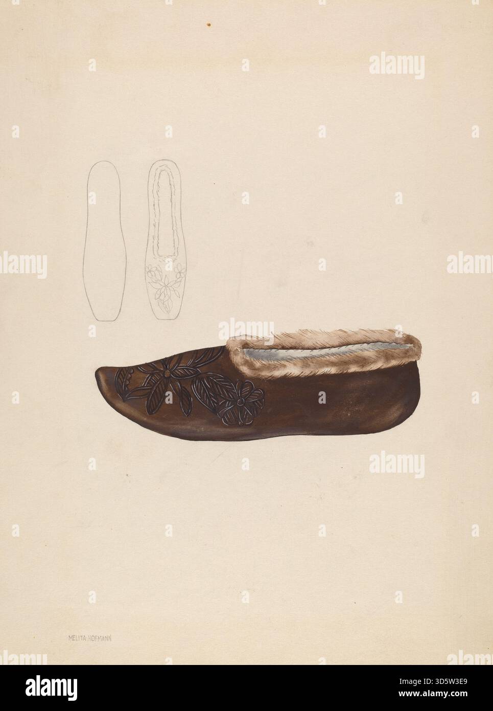 Chaussures domestiques de Melita Hofmann, une pantoufle mettant en évidence la tige, la semelle, le talon, les orteils, les matériaux, coutures et confort pour une utilisation en intérieur. Banque D'Images