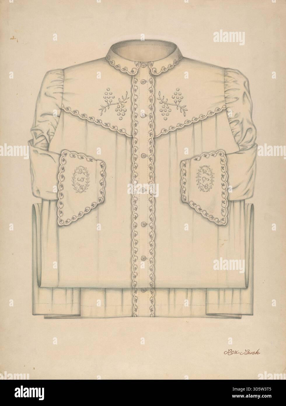 Chemise de nuit faite par Rex F. Bush circa 1938. Le vêtement montre le tissu, manches longues, pleine longueur, encolure, coutures décoratives, et un design typique des vêtements de nuit des femmes américaines du début du XXe siècle. Banque D'Images