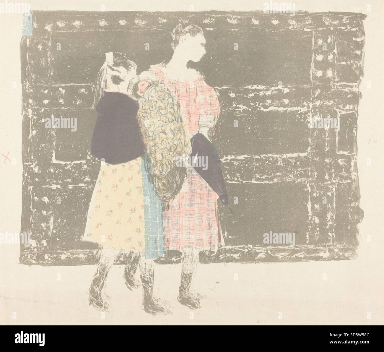 De 1897 à 1898, « sur le pont de l'Europe » de Vuillard représente des personnages marchant sur le pont avec une architecture urbaine, des vêtements à motifs et une attention portée à la composition spatiale et à la vie urbaine à la fin du XIXe siècle à Paris. Banque D'Images