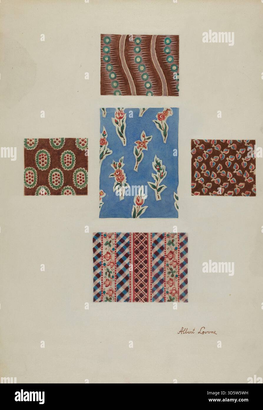 Ce coton imprimé de 1938 par Albert Levone montre des motifs typiques de l'époque. Le tissu convient aux vêtements ou à des fins décoratives et représente la production textile américaine du début du XXe siècle. Banque D'Images