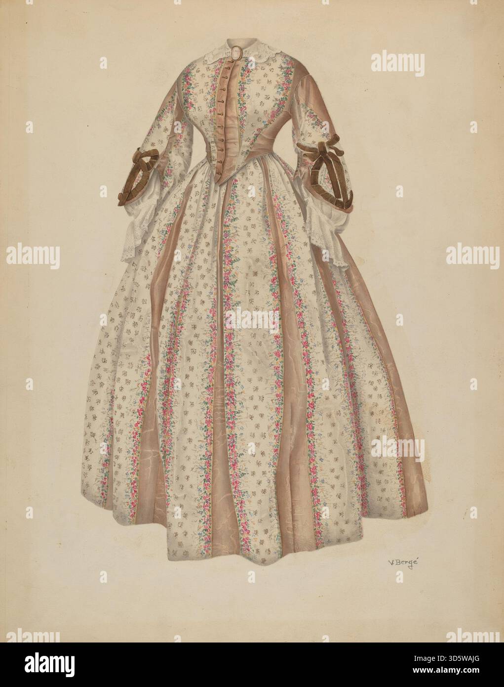 Cette robe de Virginia berge, circa 1940, dispose d'un tissu de coton léger, manches courtes, corsage ajusté, jupe évasée, garniture décorative, et fermeture à bouton, représentant la conception de vêtements pour enfants américains du milieu du XXe siècle. Banque D'Images