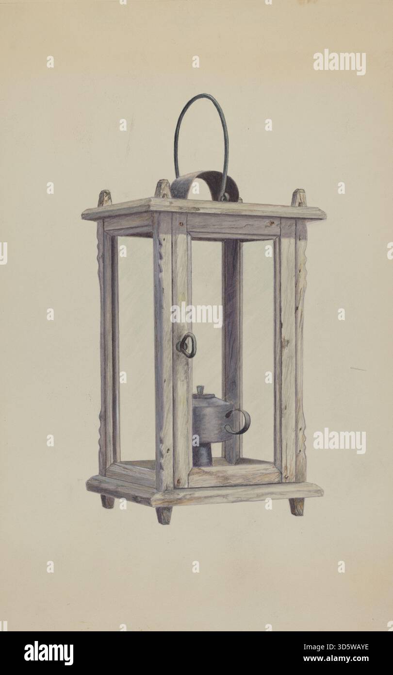 Une lanterne conçue par Earl Butlin circa 1937, en métal et verre, avec une poignée pour le transport. La lanterne est construite pour contenir une bougie ou une source de combustible et fournit une lumière portable. Banque D'Images