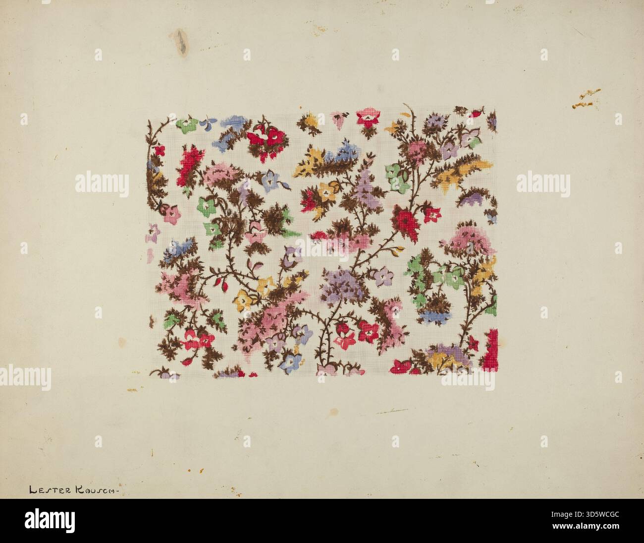 Cette robe challis fleurie de Lester Kausch, vers 1940, est une robe légère à motifs avec des motifs floraux et un drapé en tissu doux, typique de la mode féminine du milieu du XXe siècle. Banque D'Images