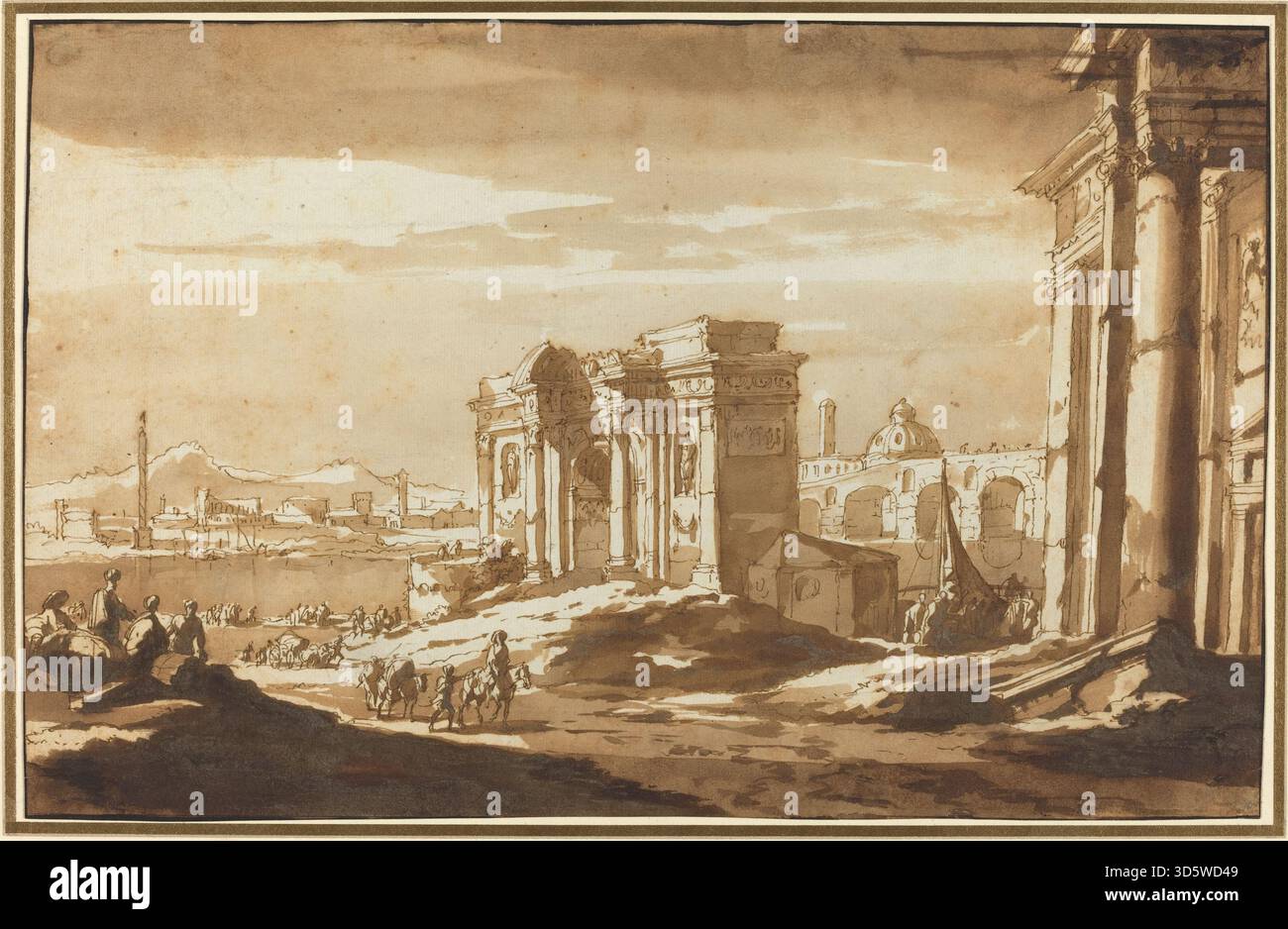 Cette peinture de Jacob van der Ulft représente un capriccio de ruines romaines le long du Tibre, montrant des fragments architecturaux, un paysage fluvial et une combinaison imaginative typique des vues néerlandaises de l'Italie du XVIIe siècle. Banque D'Images