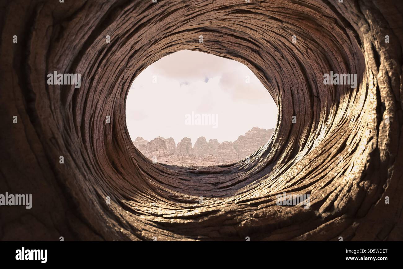 tunnel rugueux donnant sur la chaîne de montagnes 3d. Banque D'Images