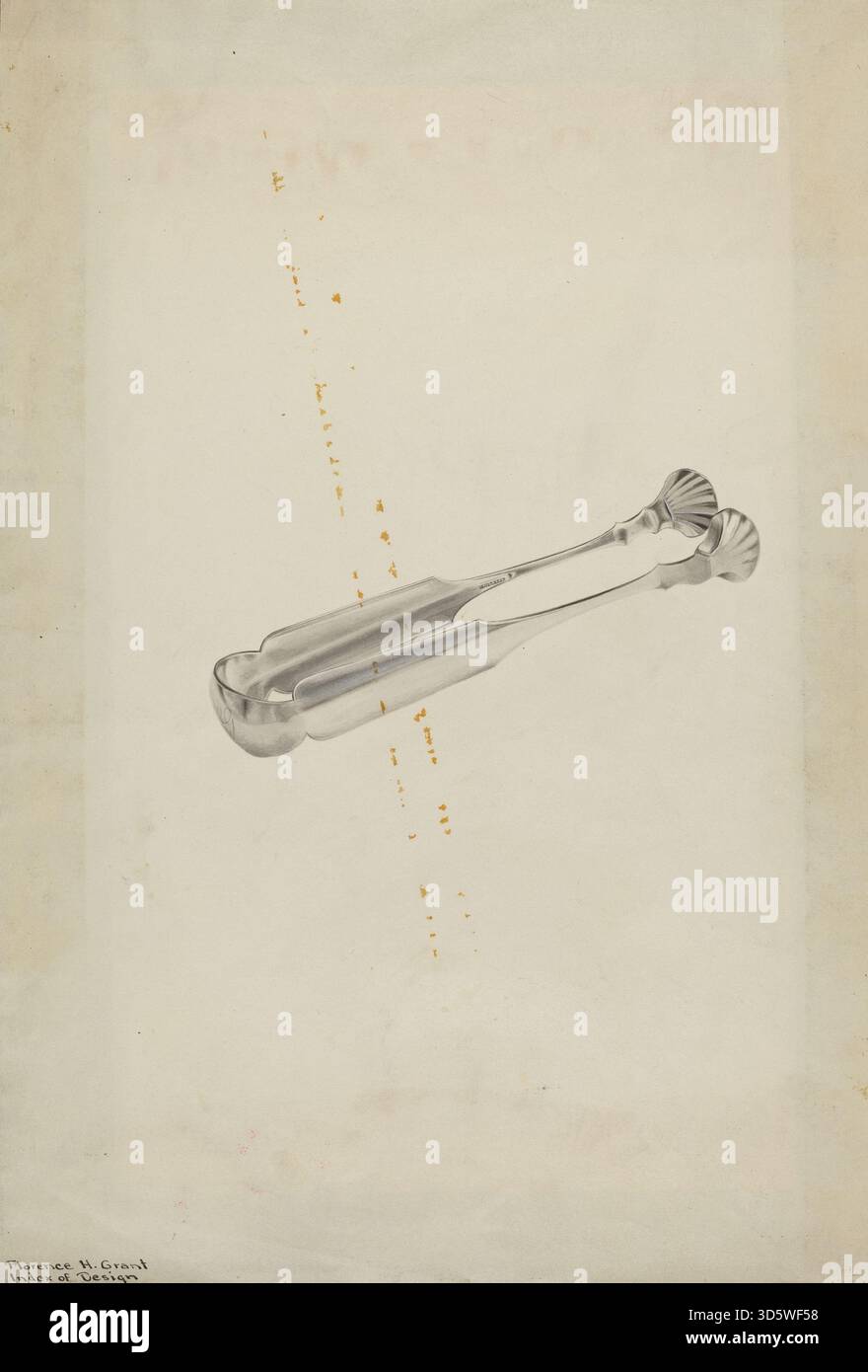 Les pinces à sucre argentées de Florence Grant Brown vers 1938 sont un petit ustensile décoratif en argent, conçu pour servir des cubes de sucre, avec un design simple mais fonctionnel, une surface polie et une forme équilibrée. Banque D'Images