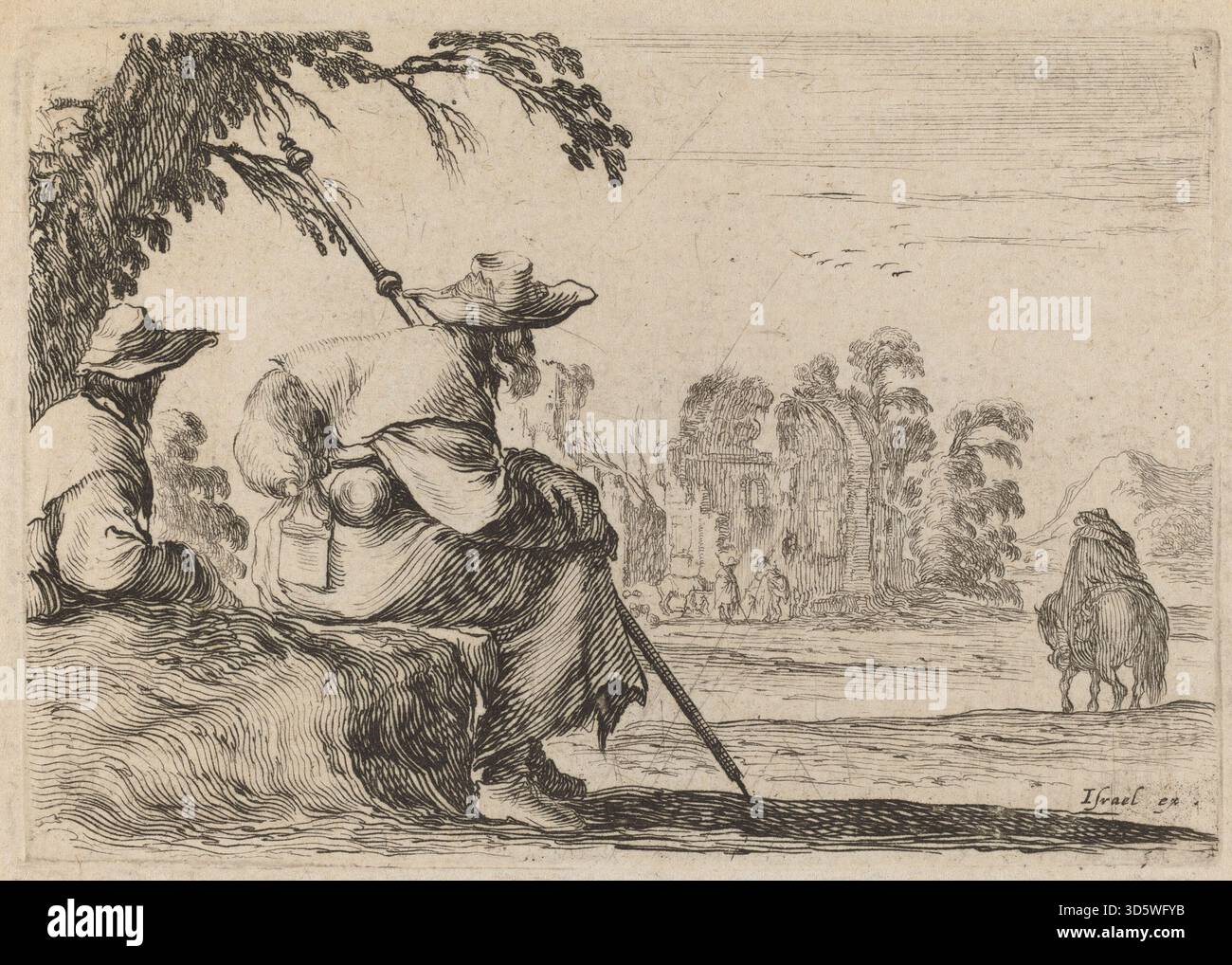 Gravure de Stefano Della Bella, 1642, montrant des pèlerins assis. L'estampe représente des figures dans des poses assises, des détails vestimentaires, des gestes et un style de gravure baroque. Banque D'Images