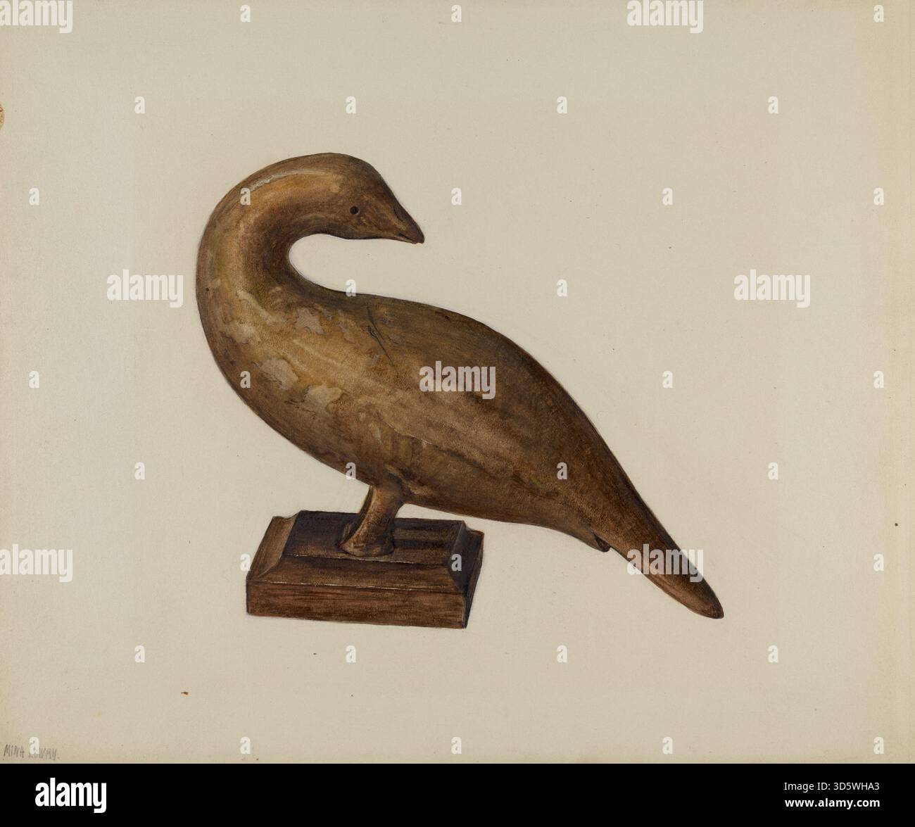 Représentation d'un oiseau par Mina Lowry vers 1937, montrant les détails du plumage, la posture, les caractéristiques de l'espèce et la représentation naturaliste sur une surface artisanale. Banque D'Images