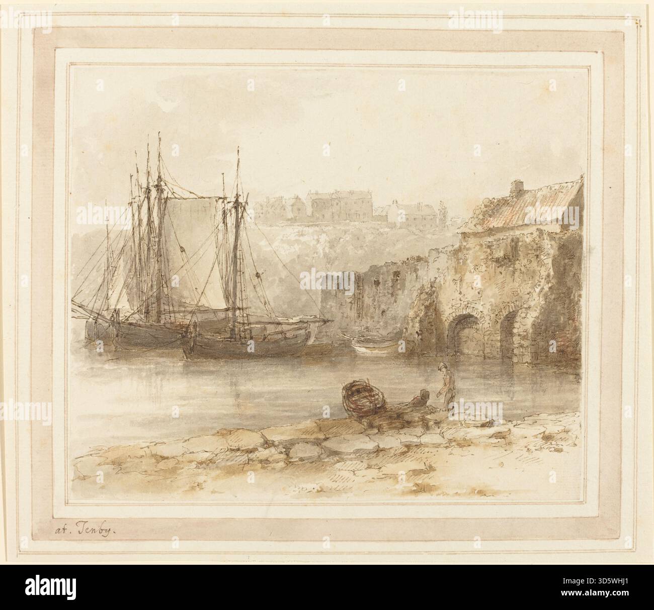 Cette peinture de Heneage Finch, 4e comte d'Aylesford, représente une vue côtière de Tenby dans les années 1790 La composition comprend la ville, le rivage, les bateaux, les figures et les éléments naturels, capturer le paysage, l'architecture et l'activité sociale de l'époque. Banque D'Images