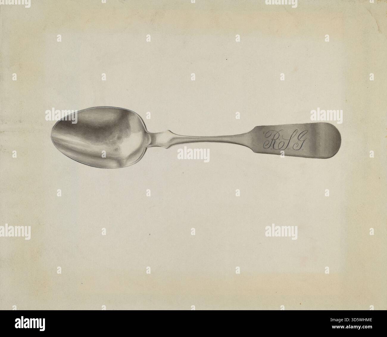 La cuillère à soupe en argent de Florence Grant Brown vers 1939 est un ustensile de service poli fabriqué à partir d'argent, doté d'un manche équilibré, d'un bol peu profond et d'un design fonctionnel typique de la vaisselle du début du XXe siècle. Banque D'Images