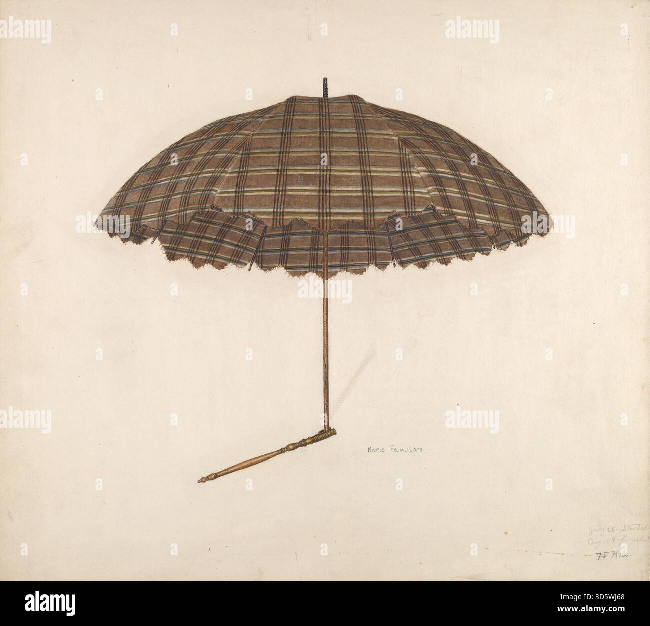 Un parasol créé par Marie Famularo vers 1939, avec un auvent pliable soutenu par une poignée, utilisé historiquement pour la protection solaire et comme accessoire de mode décoratif. Banque D'Images