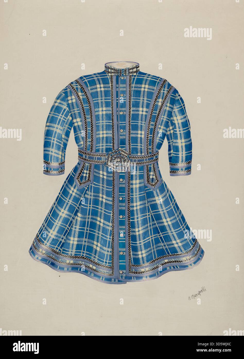 Cette robe pour enfant d'environ 1939 de Raymond Manupelli est un vêtement textile avec des coutures complexes, un tissu léger et des éléments décoratifs en dentelle. La pièce met l'accent sur l'artisanat, le design et les pratiques vestimentaires américaines du début du XXe siècle. Banque D'Images