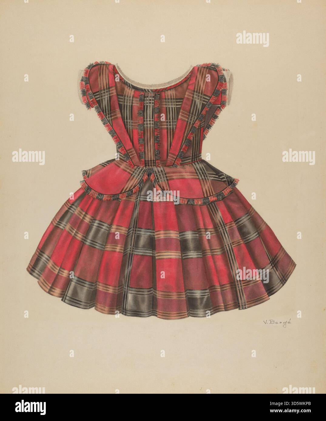 Cette robe de fille de Virginia berge, produite entre 1935 et 1942, comporte un tissu de coton, manches courtes, corsage ajusté, jupe évasée, fermeture à bouton et garniture décorative illustrant la mode américaine pour enfants du milieu du XXe siècle. Banque D'Images