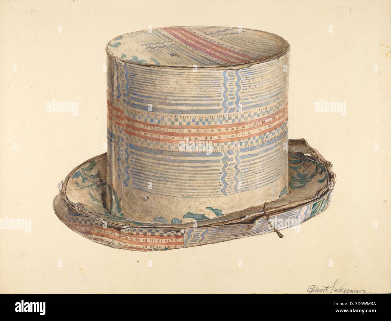 Cette boîte à bande de Gilbert Sackerman circa 1939 est un conteneur cylindrique destiné à ranger des chapeaux ou de petites affaires. Il a un couvercle ajusté, une construction légère et un design décoratif simple, reflétant les pratiques artistiques des studios du début du XXe siècle. Banque D'Images