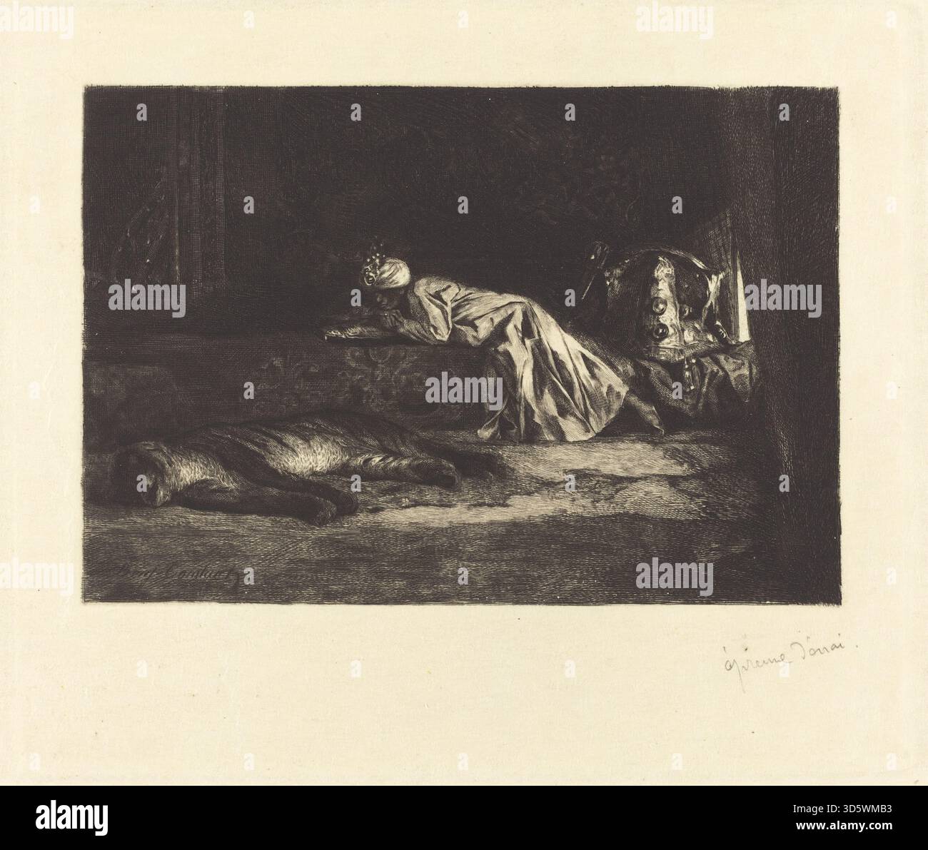 La peinture de Jean Joseph Benjamin constant (1875-1885) représente un intérieur oriental avec un tigre endormi, montrant de riches textiles, des coussins, des détails architecturaux ornés et une lumière dramatique, reflétant le style orientaliste du XIXe siècle et des sujets exotiques. Banque D'Images