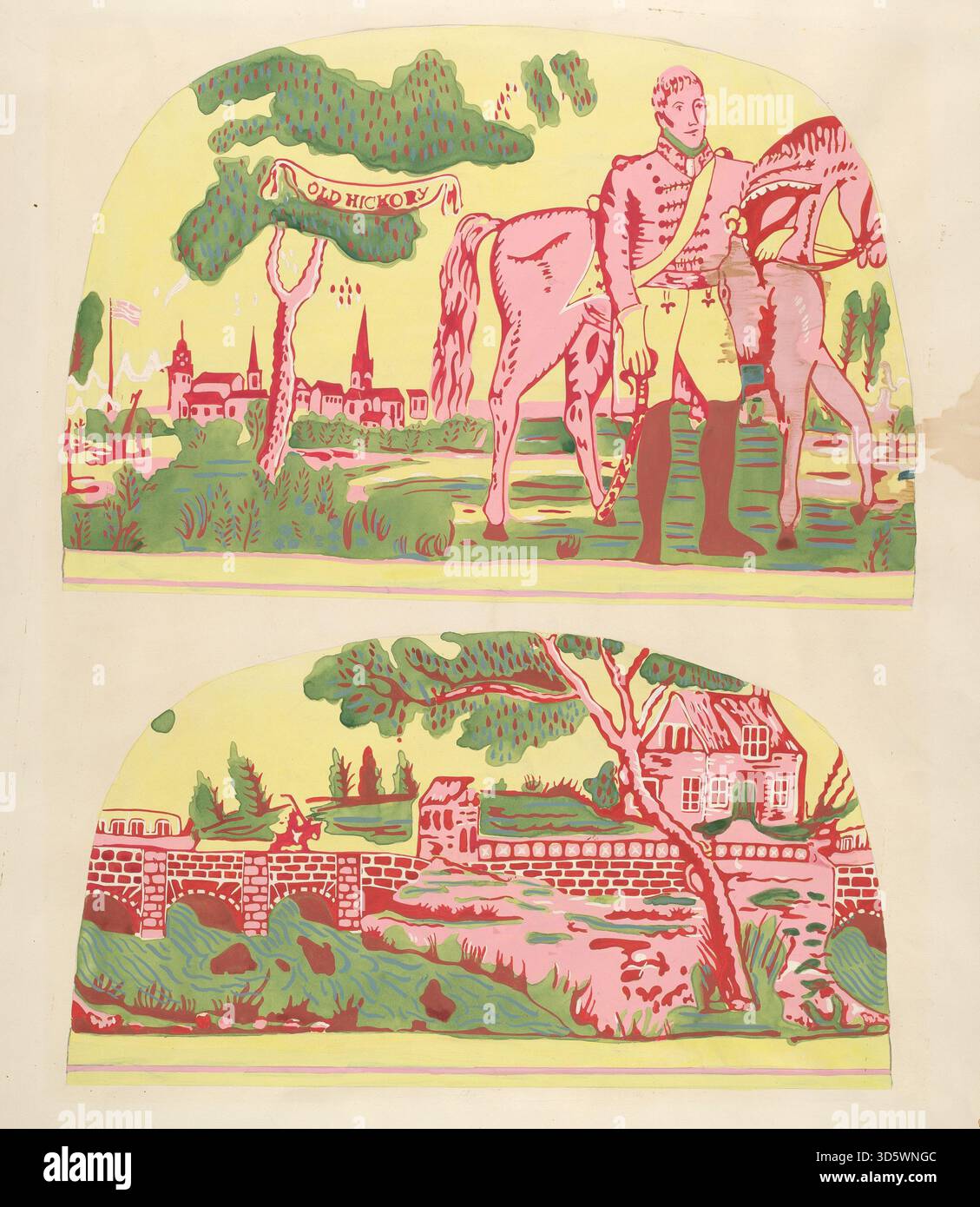 Cette boîte à bande circa 1937 de Harold Merriam est un conteneur cylindrique en papier conçu pour le stockage domestique. La pièce présente des illustrations décoratives et un artisanat détaillé typique de l'époque. Banque D'Images