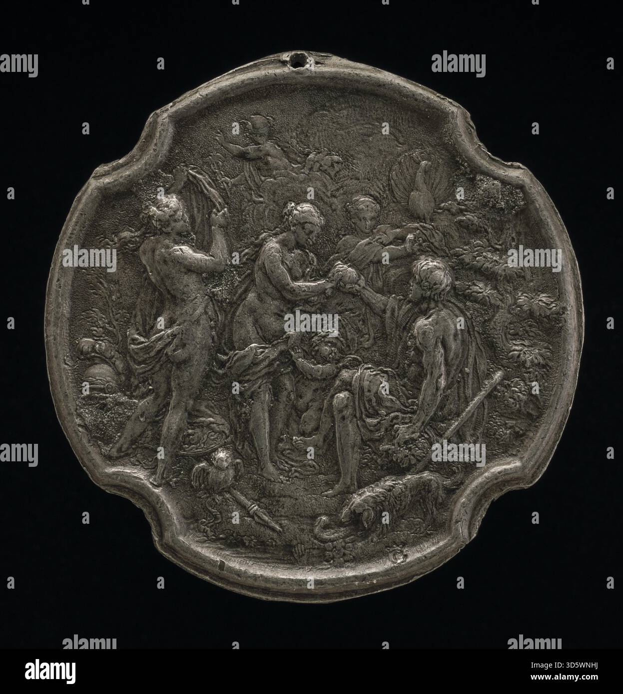 Cette peinture flamande du XVIIe siècle représente le jugement de Paris, montrant trois déesses, Paris, pomme d'or, anatomie détaillée, draperie, fond de paysage, ombres, reflets et techniques de peinture baroque. Banque D'Images