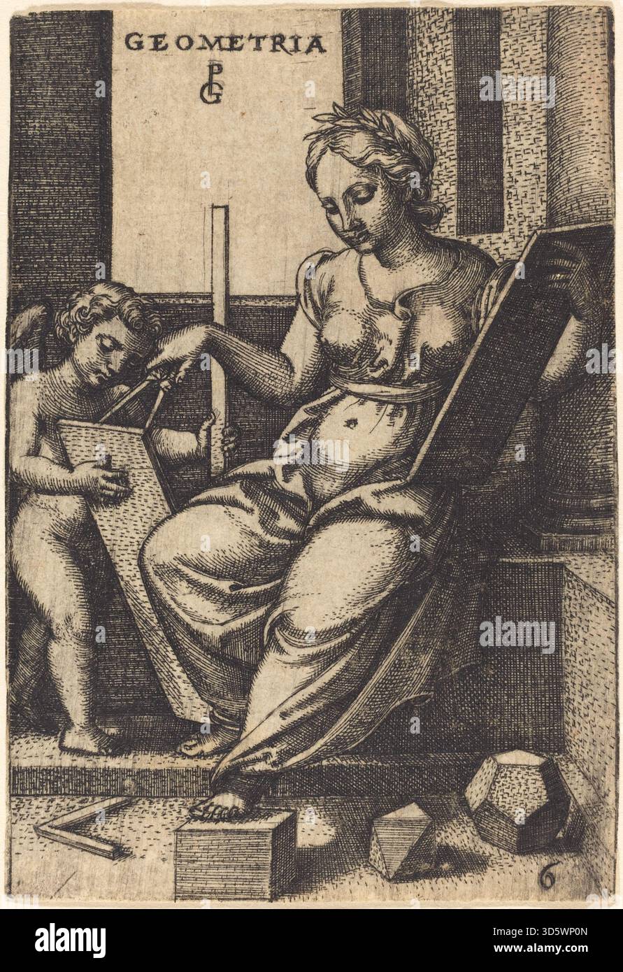 La géométrie de Georg Pencz illustre des figures qui étudient des formes géométriques, y compris des boussoles, des outils de mesure et des formes, soulignant l'accent mis par la Renaissance sur les mathématiques, les proportions et l'étude intellectuelle. Banque D'Images