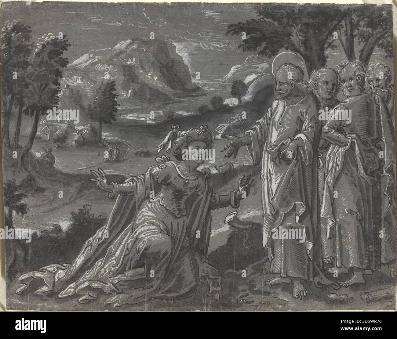 Cette peinture allemande du XVIe siècle datant d'environ 1600 au recto représente le Christ et l'adultère, montrant la figure du Christ, la figure de l'adultère, les gestes, les expressions, cadre, et iconographie religieuse à l'huile sur panneau. Banque D'Images