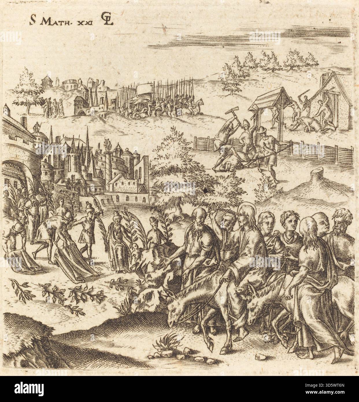 Cette gravure de Léonard Gaultier, vers 1576–1580, illustre l'événement biblique de l'entrée de Jésus à Jérusalem, montrant des foules, des disciples et des branches de palmier dans un style de composition détaillée. Banque D'Images