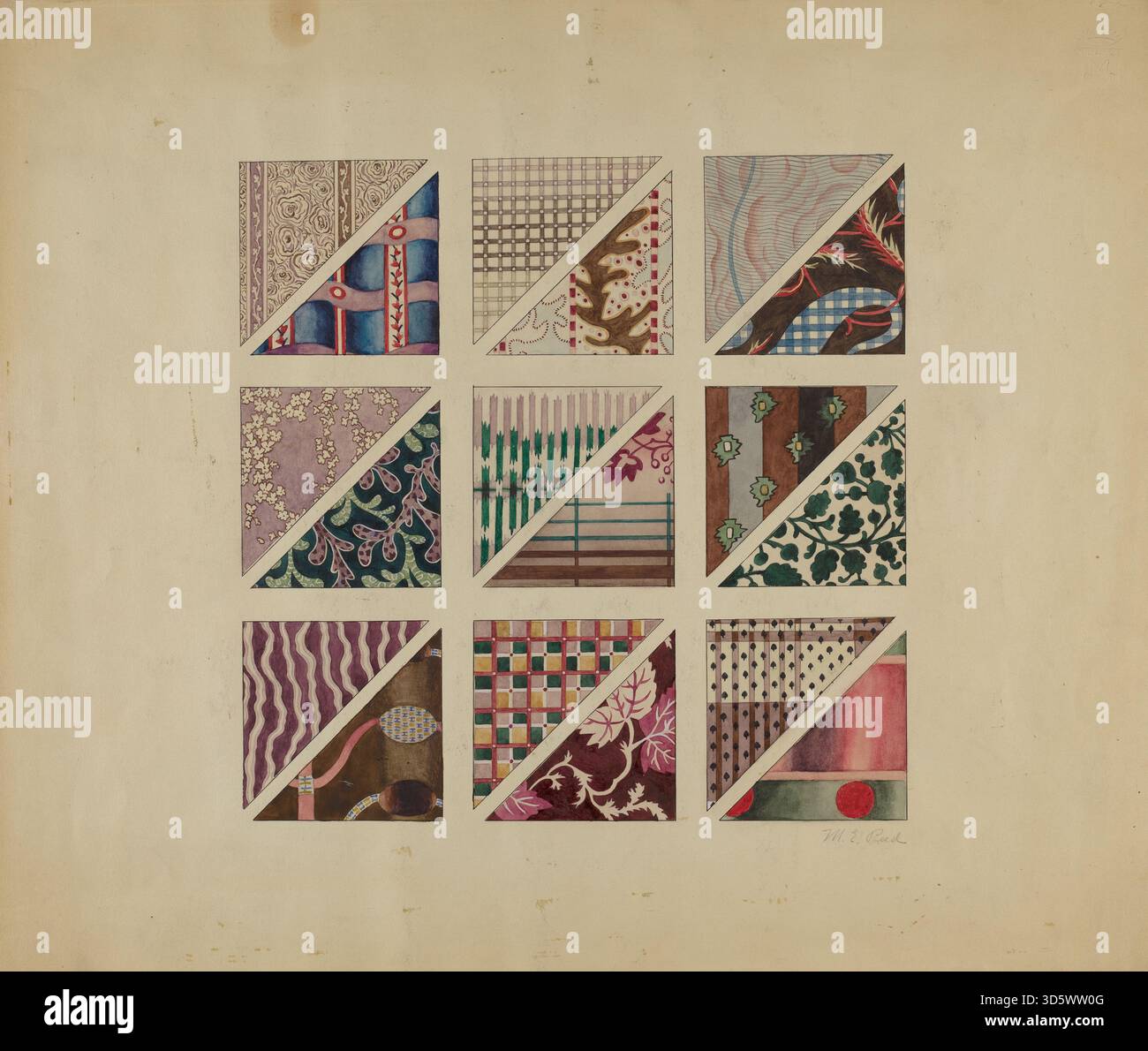 Cette œuvre textile de Martha Reed, vers 1937, présente des delaines imprimées, un tissu de laine léger avec des motifs imprimés. La pièce met en évidence la conception de tissus du milieu du XXe siècle, la répétition de motifs, l'application de couleurs et les techniques de production textile. Banque D'Images