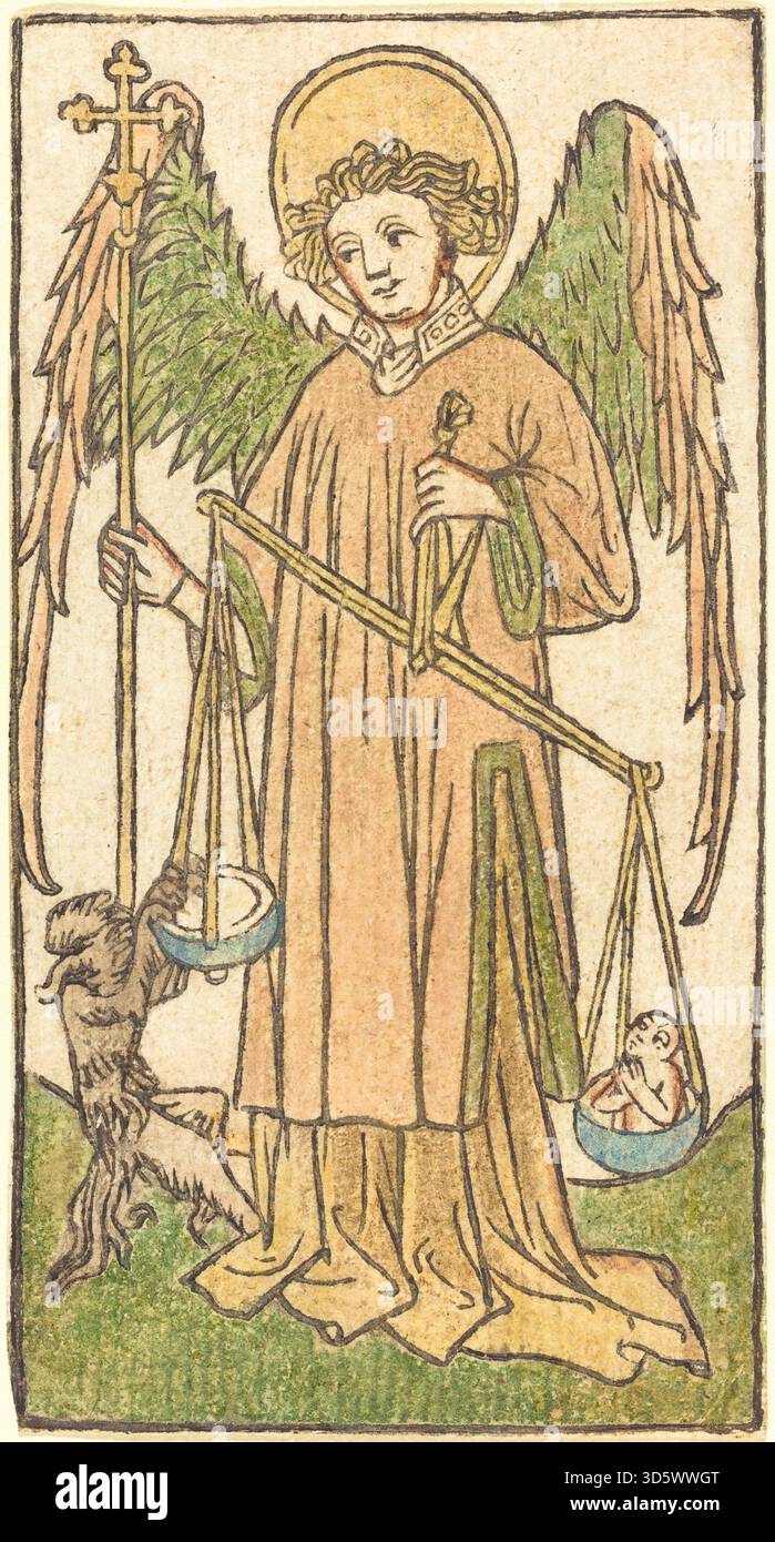 Cette peinture allemande du XVe siècle datant de 1430 à 1440 représente Saint Michel, montrant la figure, l'armure, l'épée, les gestes, démon vaincu, ailes et iconographie religieuse à l'huile sur panneau. Banque D'Images