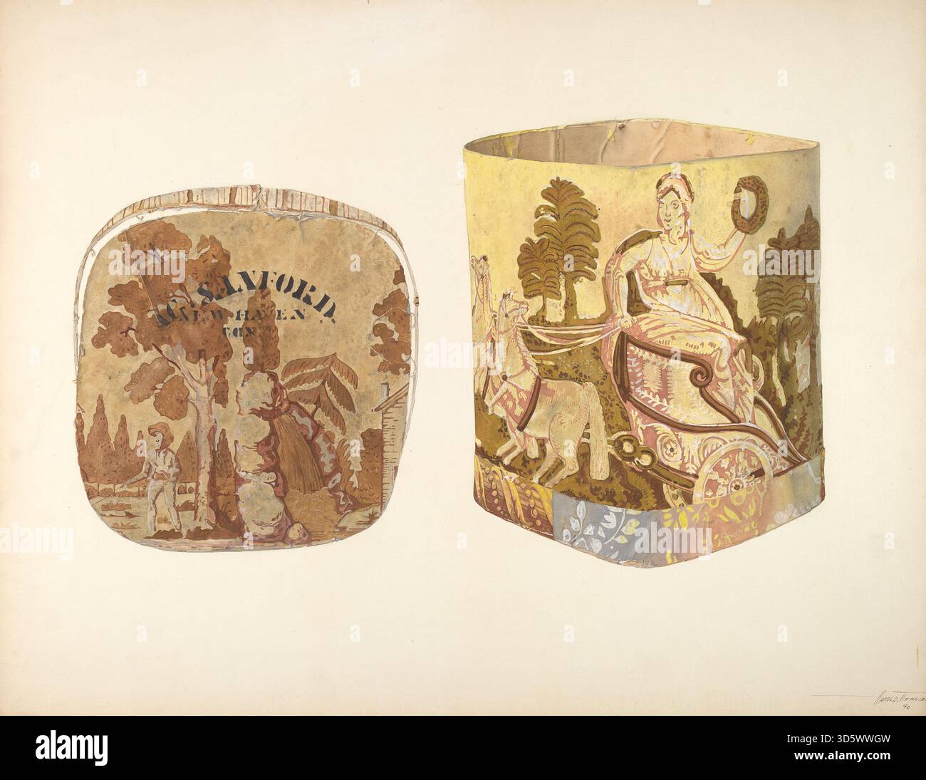 Cette boîte à bande 1940 de Harold Merriam est un conteneur cylindrique léger en papier ou matériau similaire. Il offre un rangement fonctionnel et peut inclure des illustrations décoratives typiques du design domestique du milieu du XXe siècle. Banque D'Images