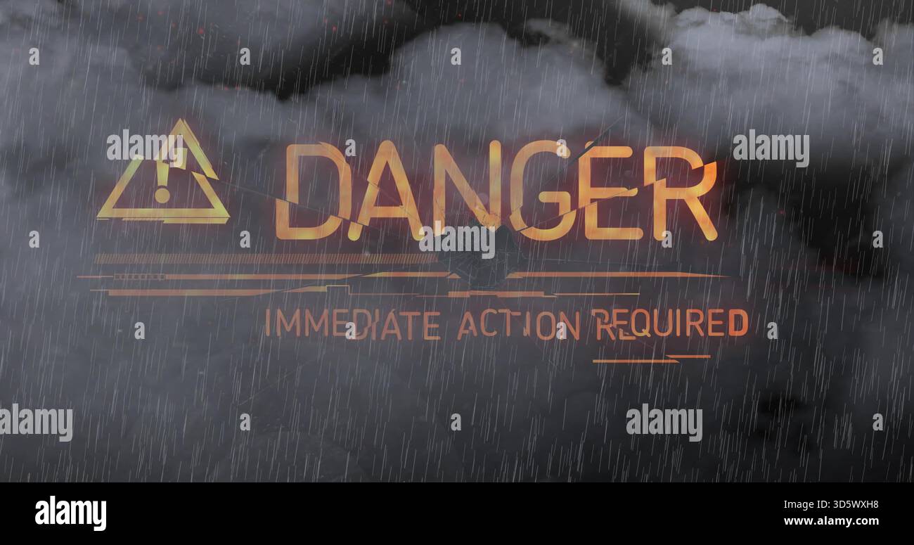 Affichage d'un graphique d'avertissement centré lumineux au-dessus d'un ciel orageux, avec texte DE DANGER, icône, sous-titre Banque D'Images
